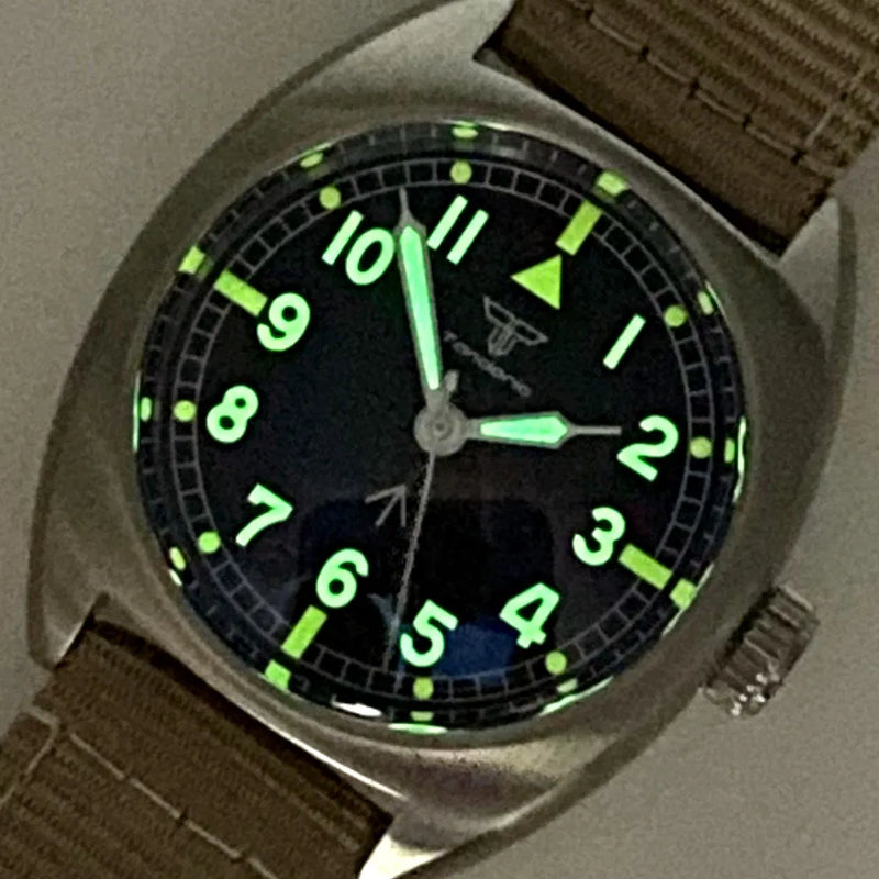 Pequeno relógio mecânico masculino, relógio de pulso piloto Green Lume, pulse